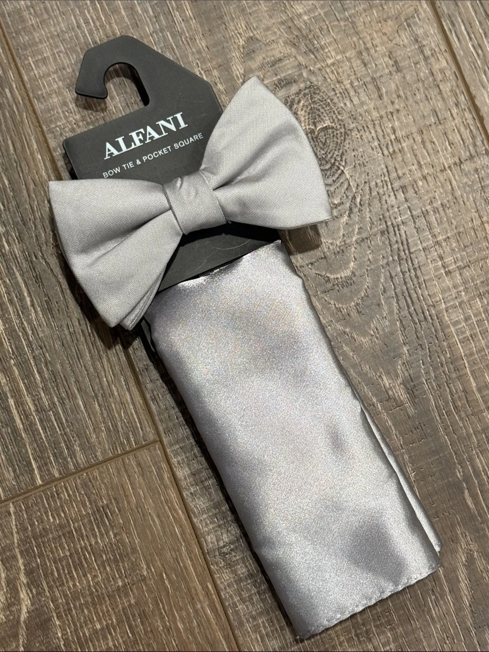 Alfani Light Silver Satin Bow Tie & Pocket Square Set